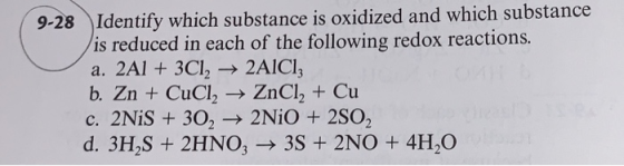 Identify which substance is oxidized and which substance is reduced in each of the following redox reactions. a. 2A1 + 3Cl2 →