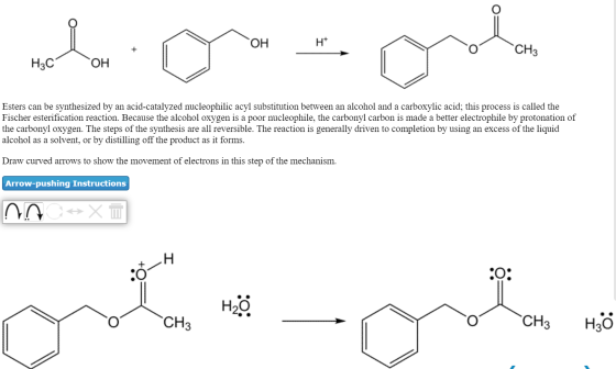 OH H+ CH3 H3C OH Esters can be synthesized by an acid-catalyzed nucleophilic acyl substitution between an alcohol and a carbo