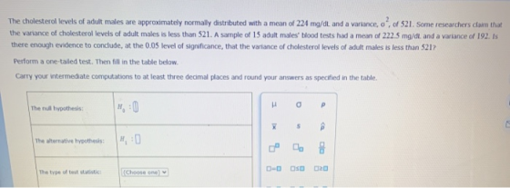 The cholesterol levels of adult males are approximately normally distributed with a mean of 224 mg/dl, and a variance, o, of