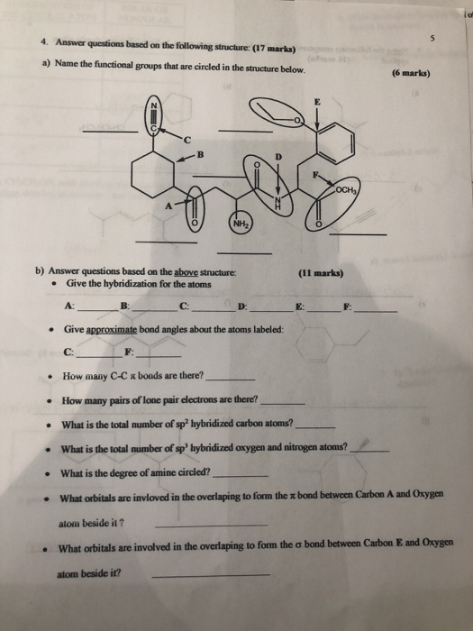 4. Answer questions based on the following structure: (17 marks) a) Name the functional groups that are circled in the struct