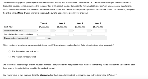 The conventional payback period ignores the time value of money, and this concerns Cold Gooses CFO. He has now asked you to