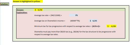 Answer is highlighted in yellow: Solutions Answer: Explanation: Average tax rate (945/13500) Average tax on Shameikas income