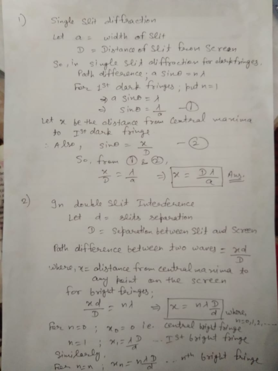 Single son dif acien to J3 dast ti 2)n double Seit Tideaderence Let disepasration Sepasection between Slit aud Scren fath difference between two wave xd n pait an the screen -V 丁: ne,,2, rve 火.