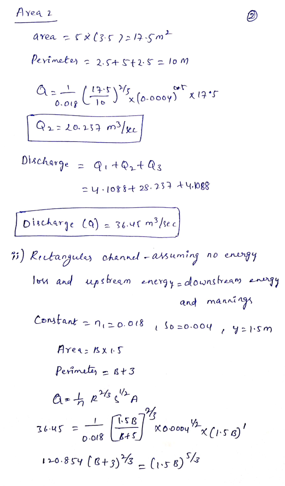 Area 2 area = 5*(3.57217.5 m² Perimeter = 2.5+5+2.5=10m Q=1 / 17.51% 0.018 Clo J x (0.ooo4) X 17°5 Q2:20.234 molle Discharge