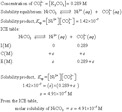 Concentration of cof = [K,CO]= 0 289 M Solubility equilibrium: NiCo,N* (aa) Co; (aą) Solubility product, K,-「Ni2+ 1「Cog-] = 1