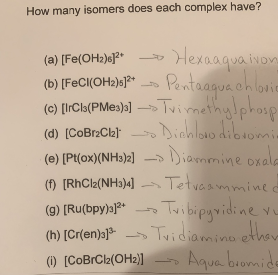 How many isomers does each complex have? (a) [Fe(OH2)6]2+ ーーーワ거exaagvaivon (b) [FeCI(OH2)sPen (e) [Pt(ox)(NH3)2] -Diammine ox