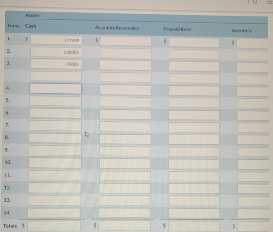 Assets Trans. Cash Accounts Receivable Prepaid Rent Inventory 1. $ 179000 $ $ 228000 2. 3. -75000 4. 5. 6. 7. no 8. 9. 10. 11