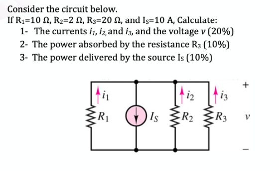 Consider the circuit below. If R1=102, R2=212, R3=2012, and Is=10 A, Calculate: 1- The currents i1, 12, and i3, and the volta