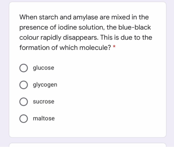When starch and amylase are mixed in the presence of iodine solution, the blue-black colour rapidly disappears. This is due t