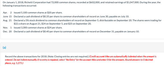 On January 1, 2018, Richetti Corporation had 72,000 common shares, recorded at $602,000, and retained earnings of $1,047,000.