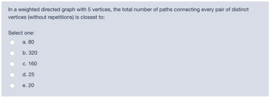 In a weighted directed graph with 5 vertices, the total number of paths connecting every pair of distinct vertices (without r