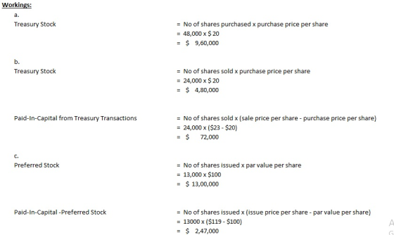 Workings: Treasury Stock = No of shares purchased x purchase price per share = 48,000 x $ 20 = $ 9,60,000 Treasury Stock = No