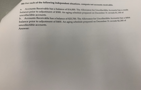 reach of the following independent situations, compute net accounts receivable. Accounts Receivable has a balance of $14,000.