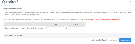 Question 3 --/1 View Policies Current Attempt in Progress Crane Company purchased a new machine on October 1, 2022, at a cost