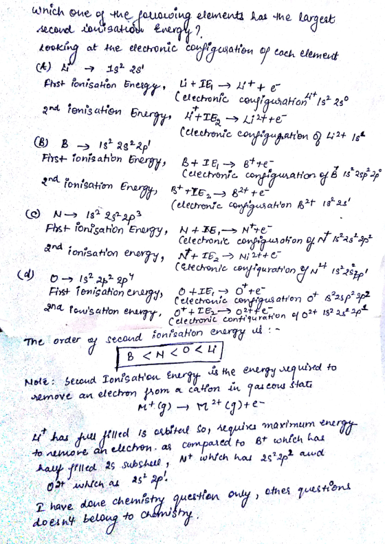 Which one of the following elements has the largest second ionisation Energy? Looking at the electronic configuration of each
