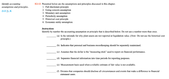 E2-12 Presented below are the assumptions and principles discussed in this chapter Identify accounting assumptions and principles (LO 3), K 1. Full disclosure principle 2. Going concern assumption 3. Monetary unit assumption 4. Periodicity assumption 5. Historical cost principle 6. Economic entity assumption Instructions Identify by number the accounting assumption or principle that is described below. Do not use a number more than once. (a) Is the rationale for why plant assets are not reported at liquidation value. (Note: Do not use the historical cost principle.) (b) Indicates that personal and business recordkeeping should be separately maintained. (c) Assumes that the dollar is the measuring stick used to report on financial performance (d) Separates financial information into time periods for reporting purposes. (e) Measurement basis used when a reliable estimate of fair value is not available. (f) Dictates that companies should disclose all circumstances and events that make a difference to financial statement users