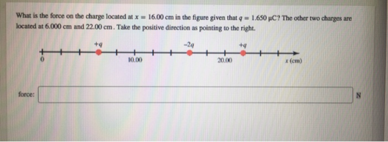What is the force on the charge located at x 16.00 cm in the figure given that q 1.650 HC? The other two charges are located at 6.000 cm and 22.00 cm. Take the positive direction as pointing to the right. +4 -2q +g 0.00 20.00 (em) force: