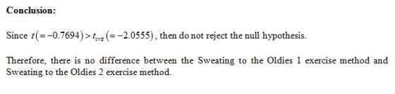 Conclusion: Since t(=-0.7694)>tert (= -2.0555). then do not reject the null hypothesis. Therefore, there is no difference bet