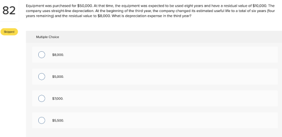 Equipment was purchased for $50,000. At that time, the equipment was expected to be used eight years and have a residual valu