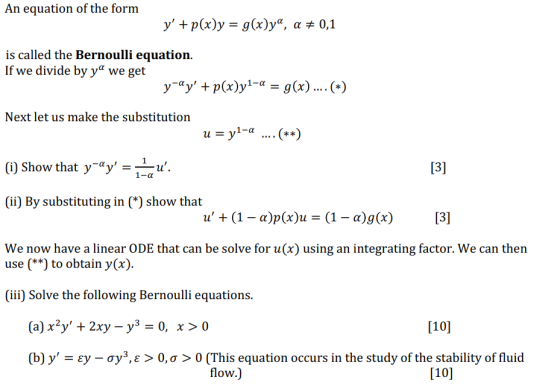 An equation of the form ypx)ygx)y, a 0,1 is called the Bernoulli equation If we divide by ya we get g(x) . у Чу + yay p(x