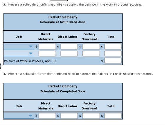 3. Prepare a schedule of unfinished jobs to support the balance in the work in process account. Hildreth Company Schedule of
