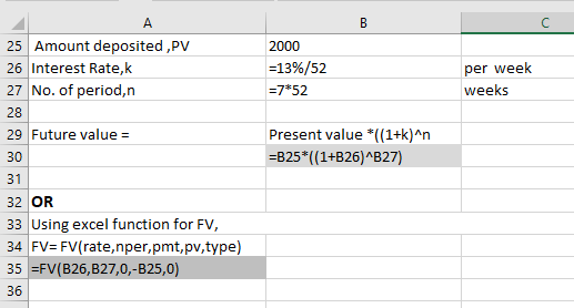 A B 2000 =13%/52 =7*52 per week weeks Present value *((1+k)an =B25*((1+B26)^B27) 25 Amount deposited,PV 26 Interest Rate, 27