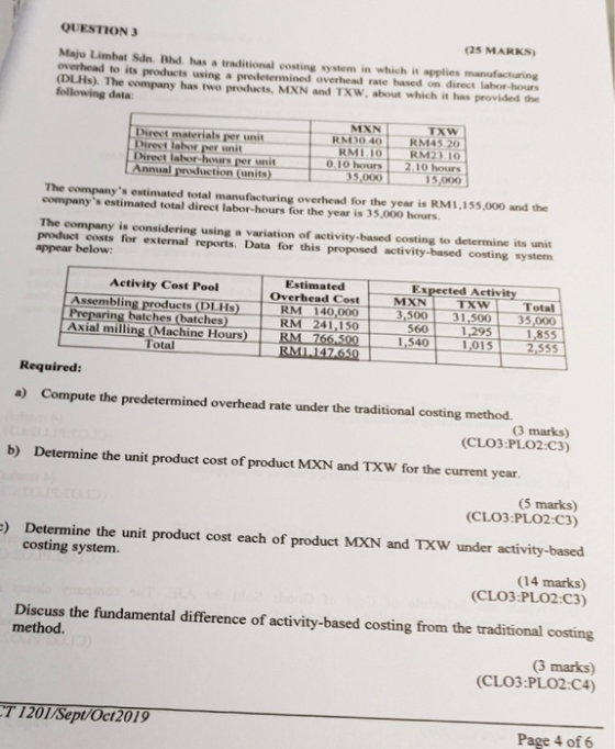 QUESTION (25 MARKS) Maju Limbat Sdn. Bhd. has a traditional costing system in which it applies manufacturing overhead to its