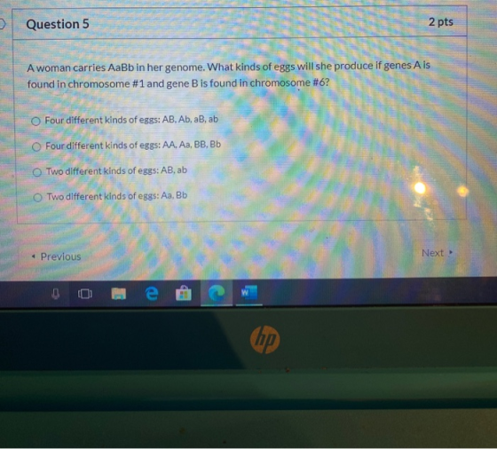 Question 5 2 pts A woman carries AaBb in her genome. What kinds of eggs will she produce if genes Ais found in chromosome #1