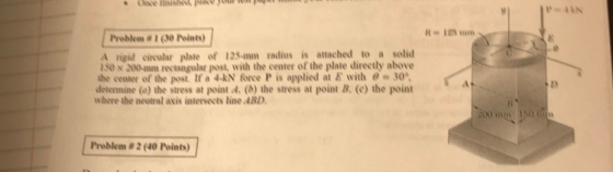 R105 m Problem #1 (3e ruines) A rigid circular plate of 123.mm radius is attached to a solid SO x 200-mm rectangular post, with the center of the plate directly above the center of the post. If a 4-kN force P is applied at E with e- determine (a) the stress at point d, () the stress at point B (e) the point whore the neutral axis intersects hine AD Problem # 2 (40 Points)
