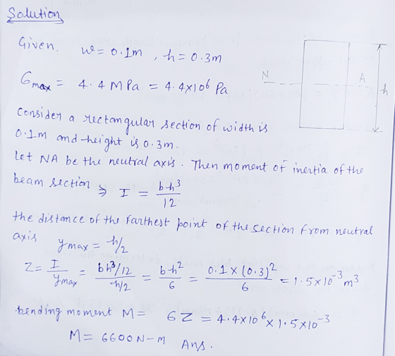 solution Given. w = 0.1m , h = 0.3m N Gmax = A 4.4 MPa 4.48106 Pa bh3 consider a rectangular section of width is Olm and hei