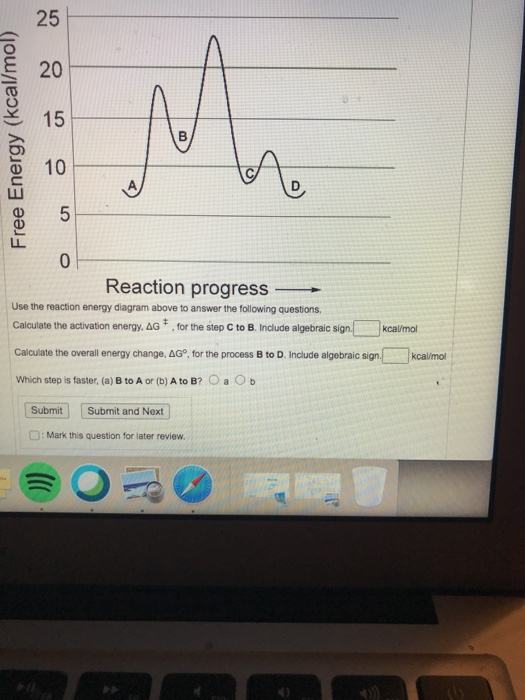 25 20 15 Free Energy (kcal/mol) M B 10 r 5 0 Reaction progress Use the reaction energy diagram above to answer the following