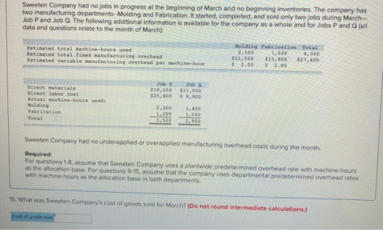 Sweeten Company had no jobs in progress at the beginning of March and no beginning inventories. The company has two manufactu