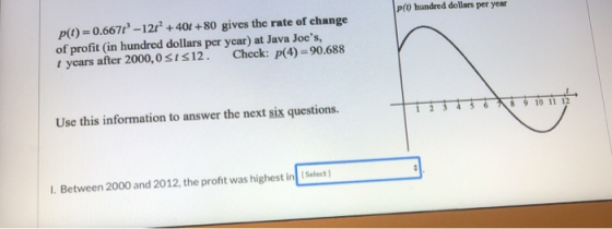 p( hundred dollars per year p(t) = 0.6671° -121 + 404 +80 gives the rate of change of profit (in hundred dollars per year) at