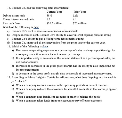15. Boomer Co. had the following ratio information: Current Year Prior Year Debt to assets ratio 58% 52% Times interest earne