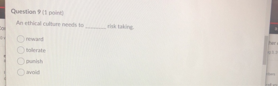 Question 9 (1 point) An ethical culture needs to ____ Cor risk taking her 1g 3,2 reward tolerate punish avoid ribers rally