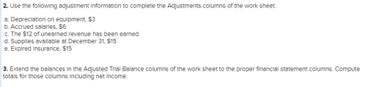 2. Use the following adjustment Information to complete the Adjustments columns of the work sheet. a. Depreciation on equipme