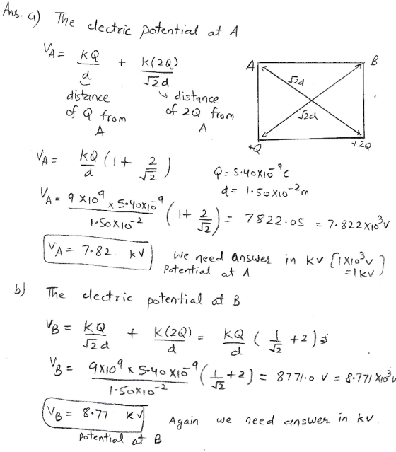 Phus. 9) The edre pstential at A S2d dl distance of a from distance of 2Q from 2a Patent-ak at Л b The dectrie potential B J2d Ys=8.77 KVI Again we need 디nswer in kv Again