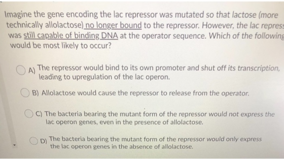 Imagine the gene encoding the lac repressor was mutated so that lactose (more technically allolactose) no longer bound to the