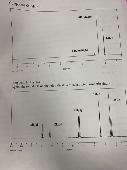 Compound K: CHCI 6H, singlet 6H, d 1 H, multiplet ppm Compound L: C10H202 (Again, the two duets on the left indicate a di-sub