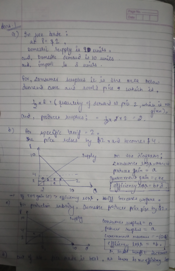 and L a) In free trade i Domestic supply is 20 units. and Domestic demand is 10 units and import is s units. for, consumer de
