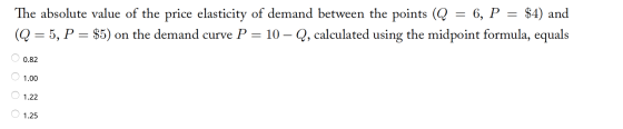 The absolute value of the price elasticity of demand between the points (Q = 6, P = $4) and (Q = 5, P = $5) on the demand cur