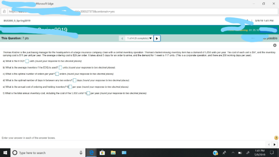 icrosuft Edge 003273738&centerwin-yes BUS300 5 Spring2019 5/9/19 1:41 PM ning: 01.35.10 This Question: 7 pts 1 of4 (0 cpete)