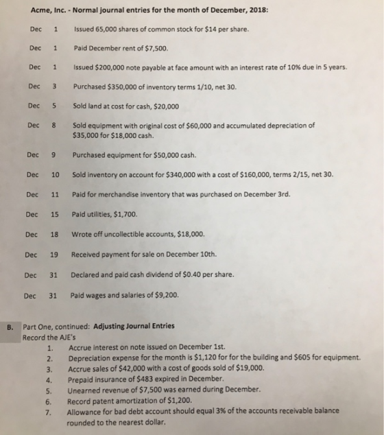 Acme, Inc. - Normal journal entries for the month of December, 2018: Dec 1 Issued 65,000 shares of common stock for $14 per s