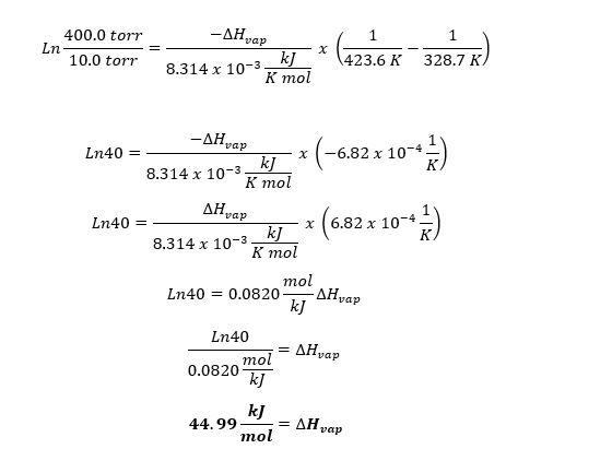 400.0 tor 110.0 torr ΔΗ. vap Ln 8.314 x 10- K mol 423.6 K 328.7 K vap RT K mol (-6.82 x 10-4 8.314 x 10-3 / vap 8.314 x 10-3/