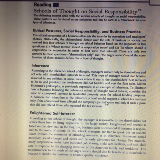 Reading Schools of Thought on Social Responsibility The following excerpt deals with the various schools of thought on social