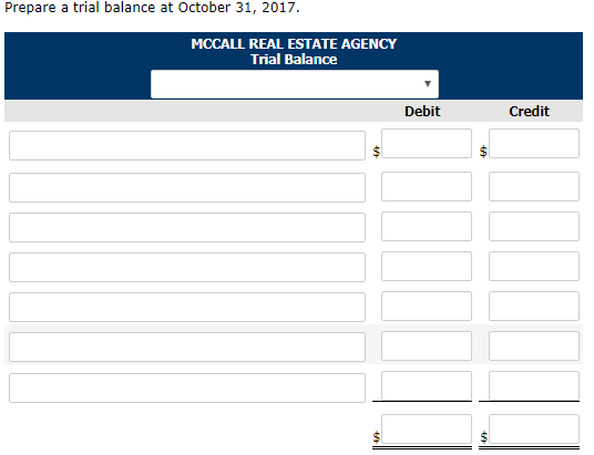 Prepare a trial balance at October 31, 2017. MCCALL REAL ESTATE AGENCY Trial Balance Debit Credit