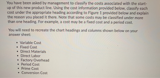 You have been asked by management to classify the costs associated with the start- up of this new product line. Using the cos