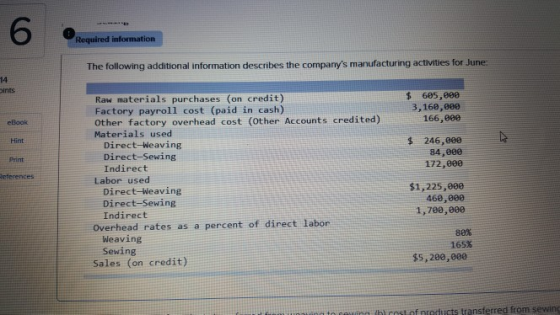 Required information The following additional information describes the companys manufacturing activities for June $ 685, ee