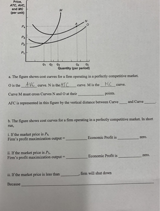 Price, ATC, AVC, and MCE (per unit) P3 Pt 41 92 93 44 s Quantity (per period) a. The figure shows cost curves for a firm operating in a perfectly competitive market O is the AC_curve. N is the TC curve. M is the curve. Curve M must cross Curves N and O at their points. AFC is represented in this figure by the vertical distance between Curve-and Curve b. The figure shows cost curves for a firm operating in a perfectly competitive market. In short run, i. If the market price is P4, Firms profit maximization output Economic Profit is zero. ii. If the market price is Ps, Firms profit maximization output- Economic Profit iszero. iii. Ifthe market price is less than , firm will shut down Because