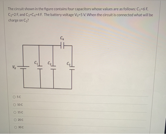 The circuit shown in the figure contains four capacitors whose values are as follows: C1=6F, C2=2 F, and C3=C4=4 F. The batte